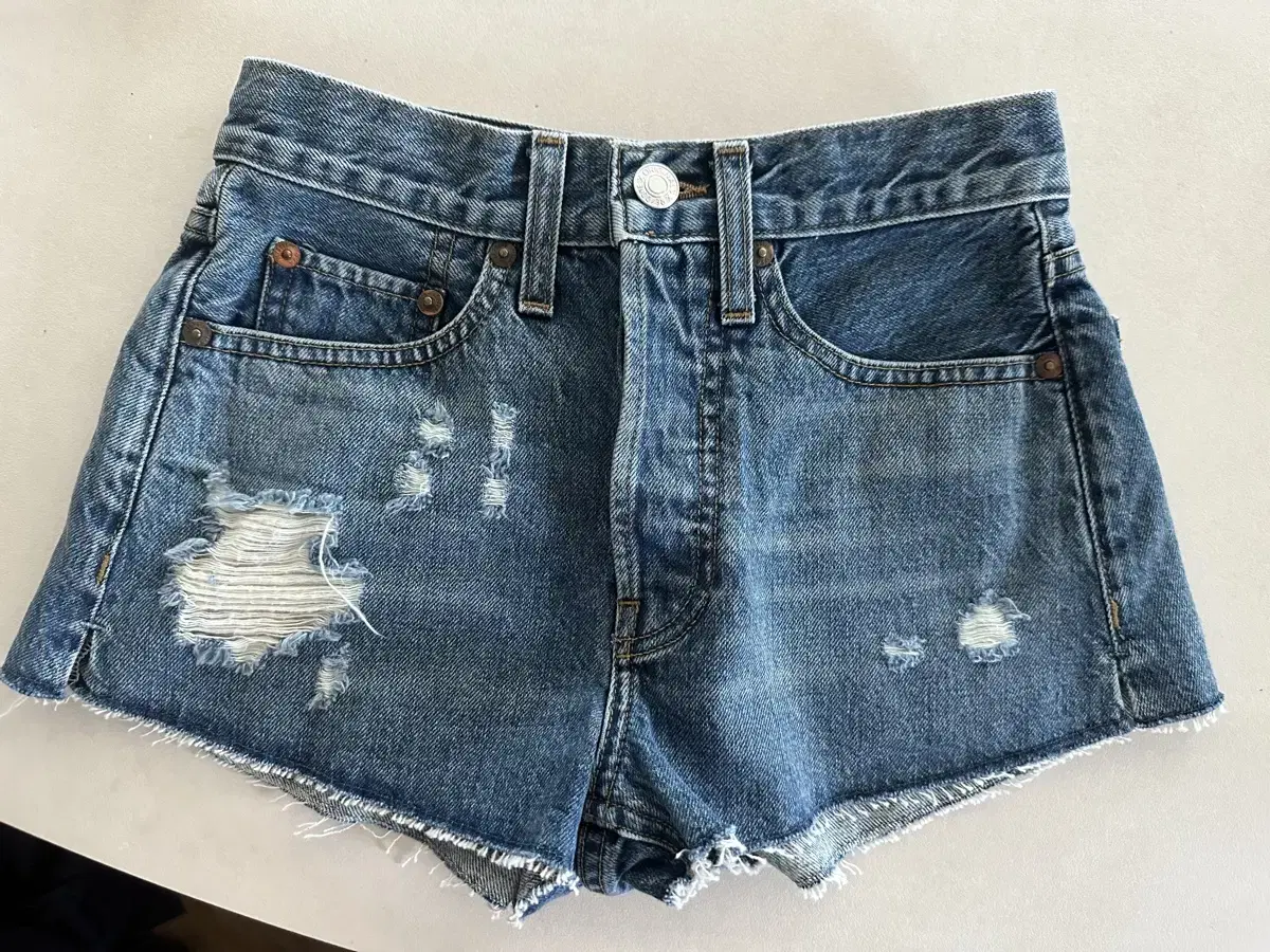 RE/DONE The Short Mid Rise Frayed Shorts